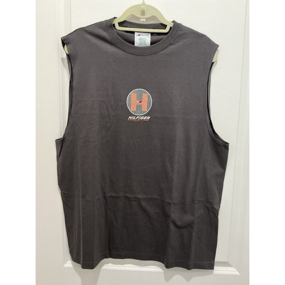 Tommy Hilfiger Vintage Muscle Shirt Large Mens Hilfiger Athletics Front Gray NWT